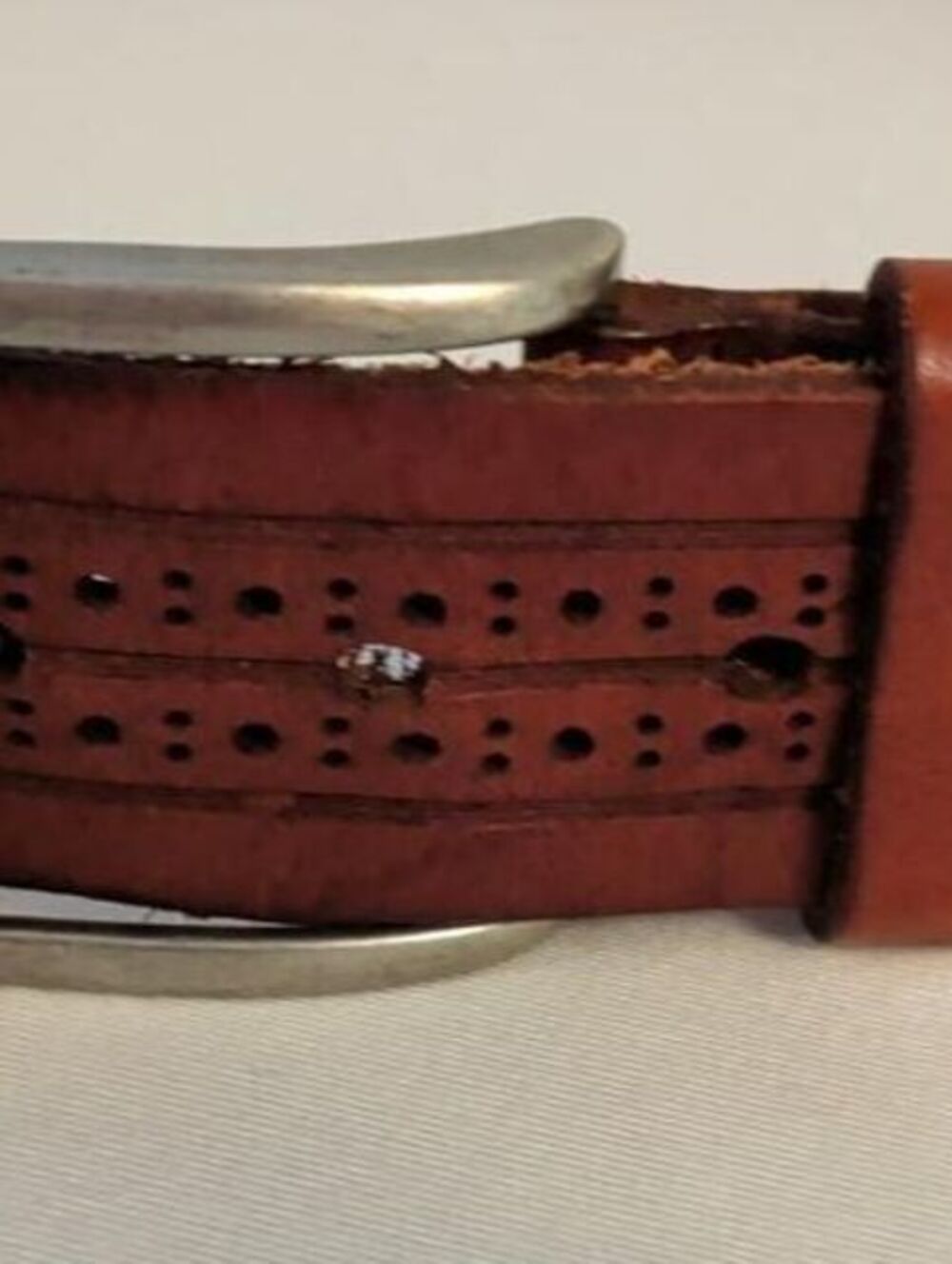 Vintage Italian Brown Leather Brogue Belt Silver Buckle Made in Italy Size 36"